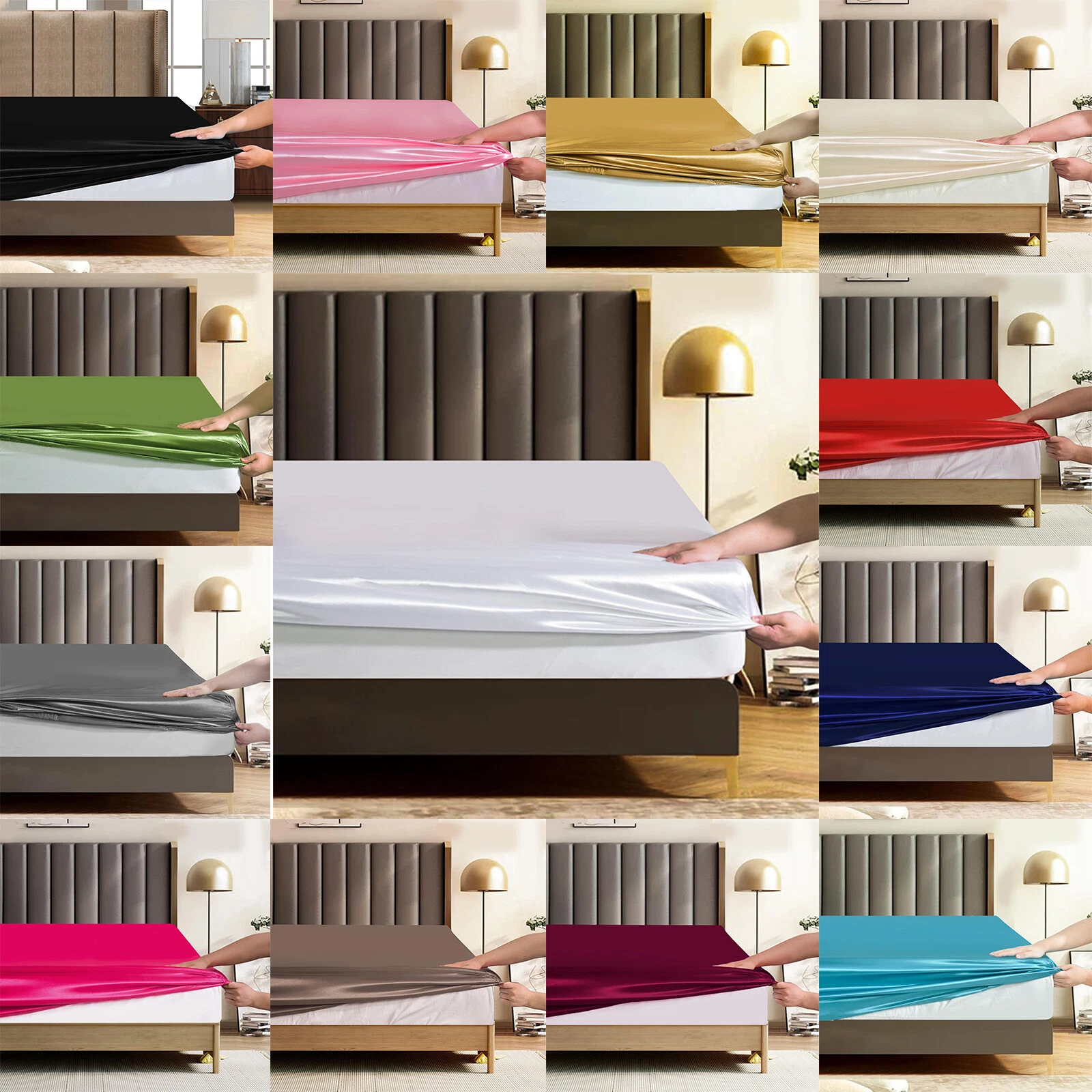 3Pcs Silk Satin Bedding Set Deep Fitted Sheet Sing